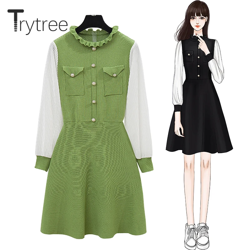 Trytree осенне-зимнее платье женское Повседневное с круглым вырезом и оборками