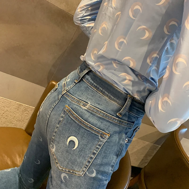 Fashion Classic Trendy Brand Luxry Design Moon Print Embroidery Ankle-length Pants Jeans Women Straight Pants M2