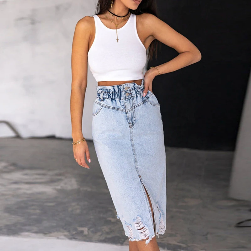 

Women High Quality Denim Style Skirt Casual Soild Tassel Bodycon Slim Fit Skits Female Pencil Vintage Destroyed Split Fork Skirt