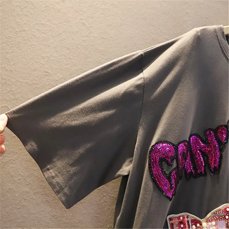 

2021 New Summer Korean Trend Fashion Sequin Patch Loose Large Size Medium and long fat MM O-neck T-shirt Women