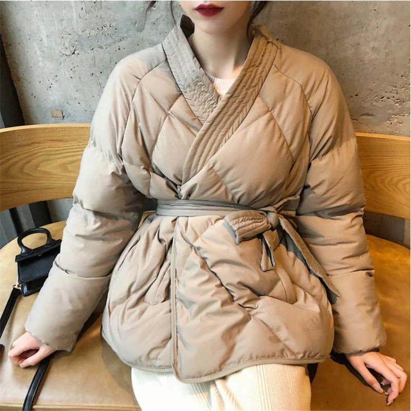 

Khaki Apricot Womens Solid Oversize Parkas With Sashes New Design Jacket Winter Women Short Thick High Quality Outerwear YT80219