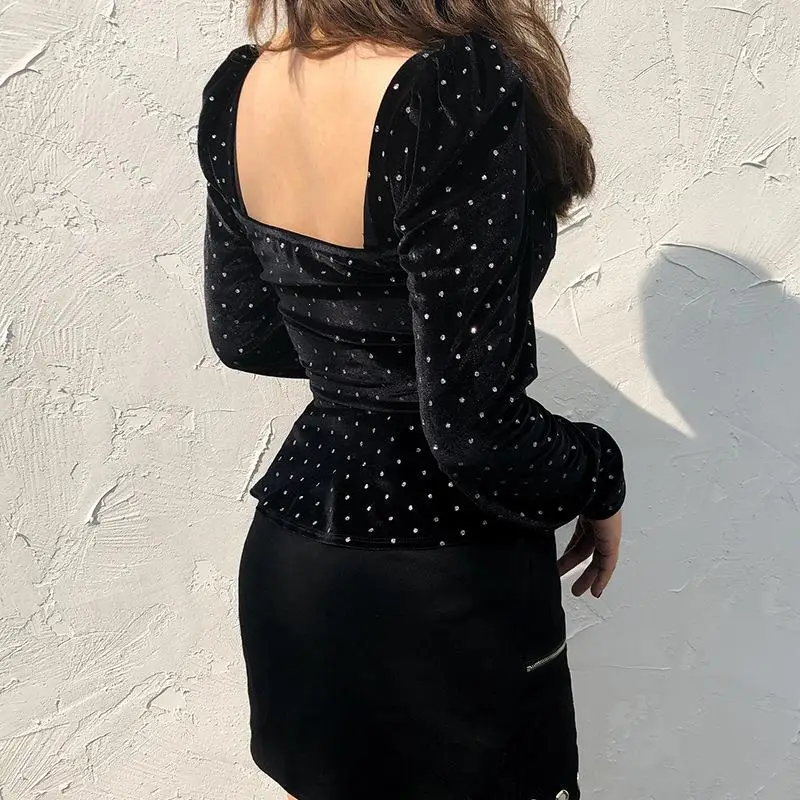 Rhinestone Deep V Sexy T-Shirt Women Harajuku Long Sleeve Tops Bodycon Backless Tshirt Slim Tee | Женская одежда