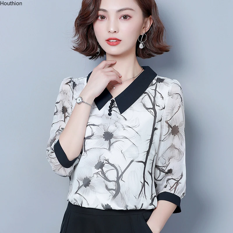 

Summer New Women's Blouses Doll Collar Shirt 3/4 Sleeve Tops Printed Blouse Chiffon Beaded Casual Fashion Shirts Houthion