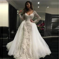 pretty v neck long sleeves lace mermaid wedding dresses 2021 with detachable train african appliques tulle illusion bridal gowns