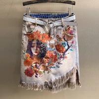 fashion lady irregular oblique tassel denim jeans skirts womens package hip summer autumn elastic print bronze skirt