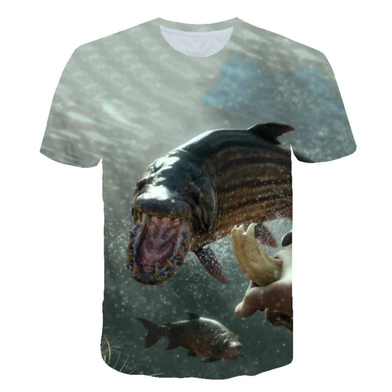 

2021 new hot sale super realistic fish 3D printing oversized men's shirt cute casual fishing men sports street O-neck couple shi