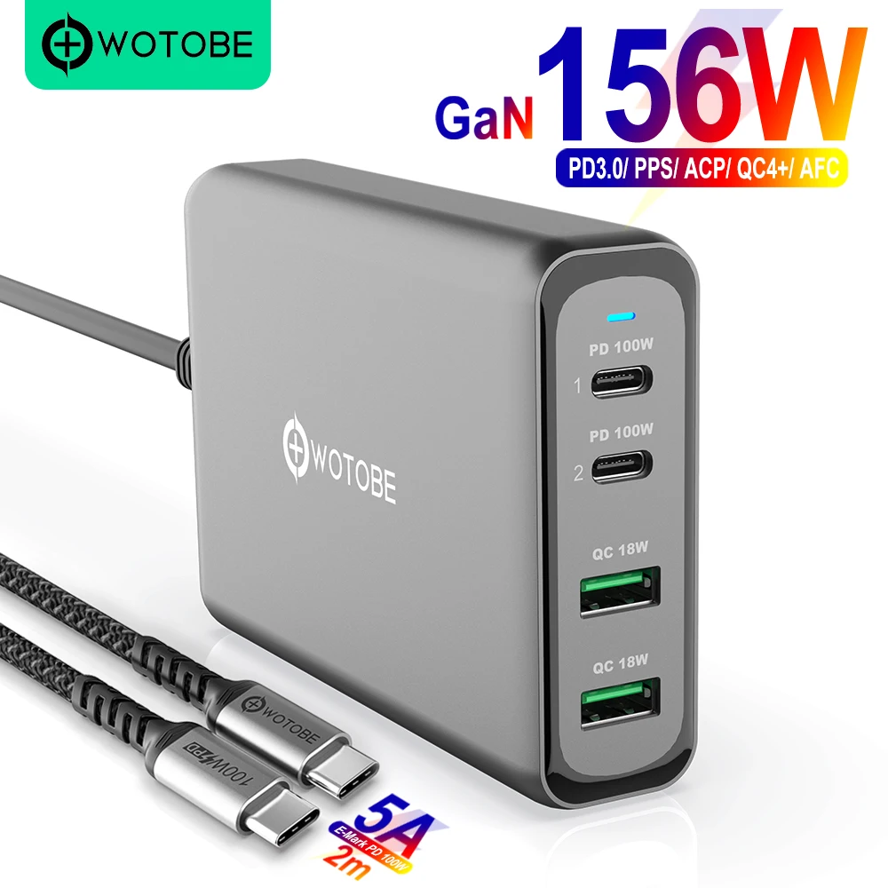 WOTOBE 156W Ган зарядное устройство USB C адаптер питания 4 портовый PD100W PPS 65 Вт 45 QC4.0 для