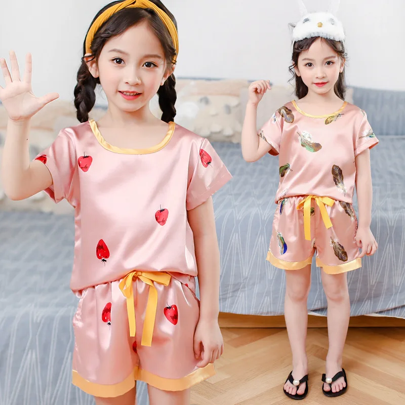 Summer Kid Clothes Cartoon Children Pajamas Set Boys Silk Homewear Suit Baby Girls Sleepwear Pyjamas Kids Pijamas Satin Lounge