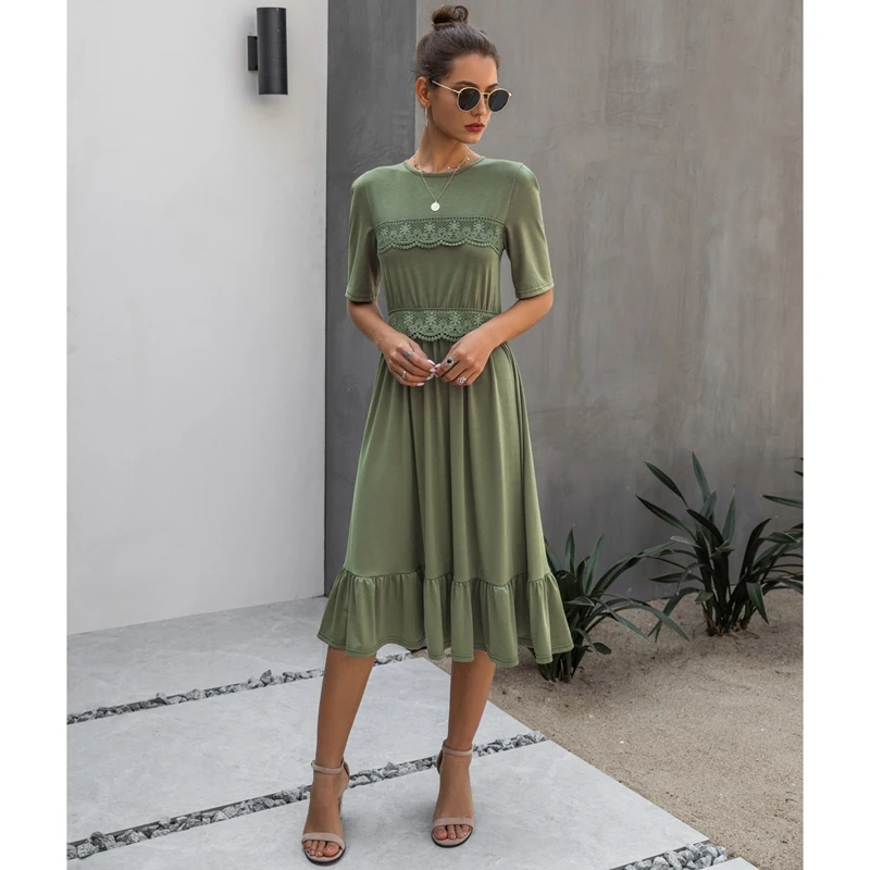 

Women Dress T-Shirt Summer Lace Patchwork Ruffle Ruched Long Dresses