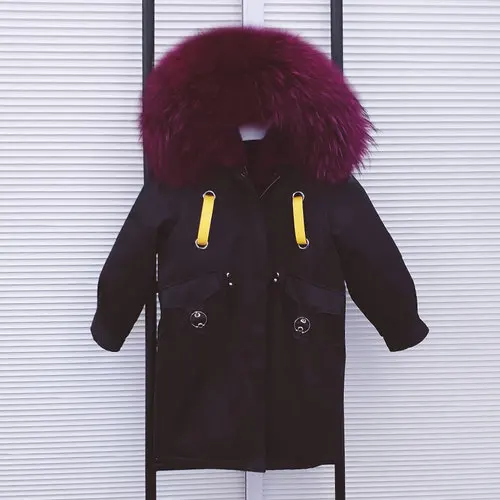 Black Violet Новинка года, парки с натуральным мехом для мальчиков и девочек зимняя детская куртка Xlong пальто с капюшоном из натурального меха енота Съемная подкладка из кроличьего меха - Цвет: Black Violet