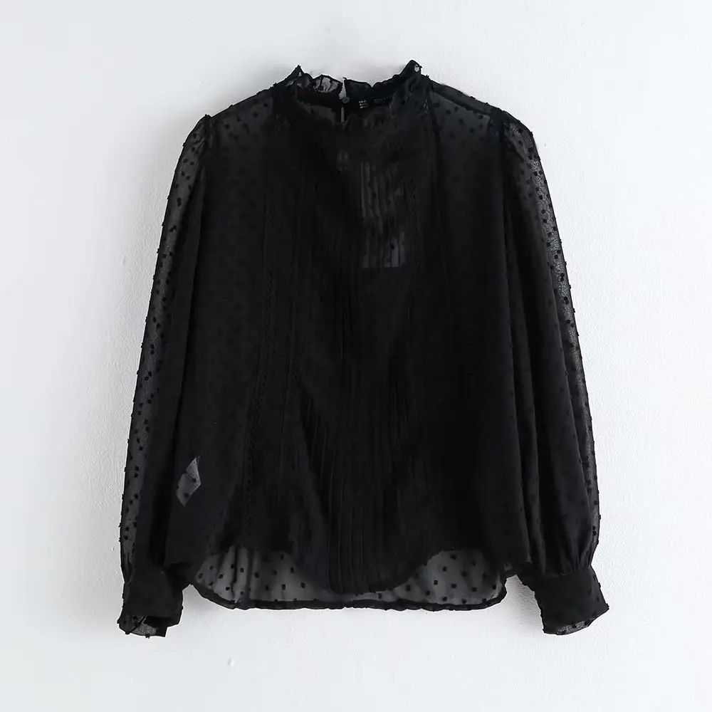 Женская шифоновая рубашка в горошек офисная блузка с длинным рукавом и