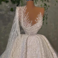 2022 glitter wedding dresses sheer neck beading pearls robe de mariage custom made one shoulder lace sequin bridal gowns