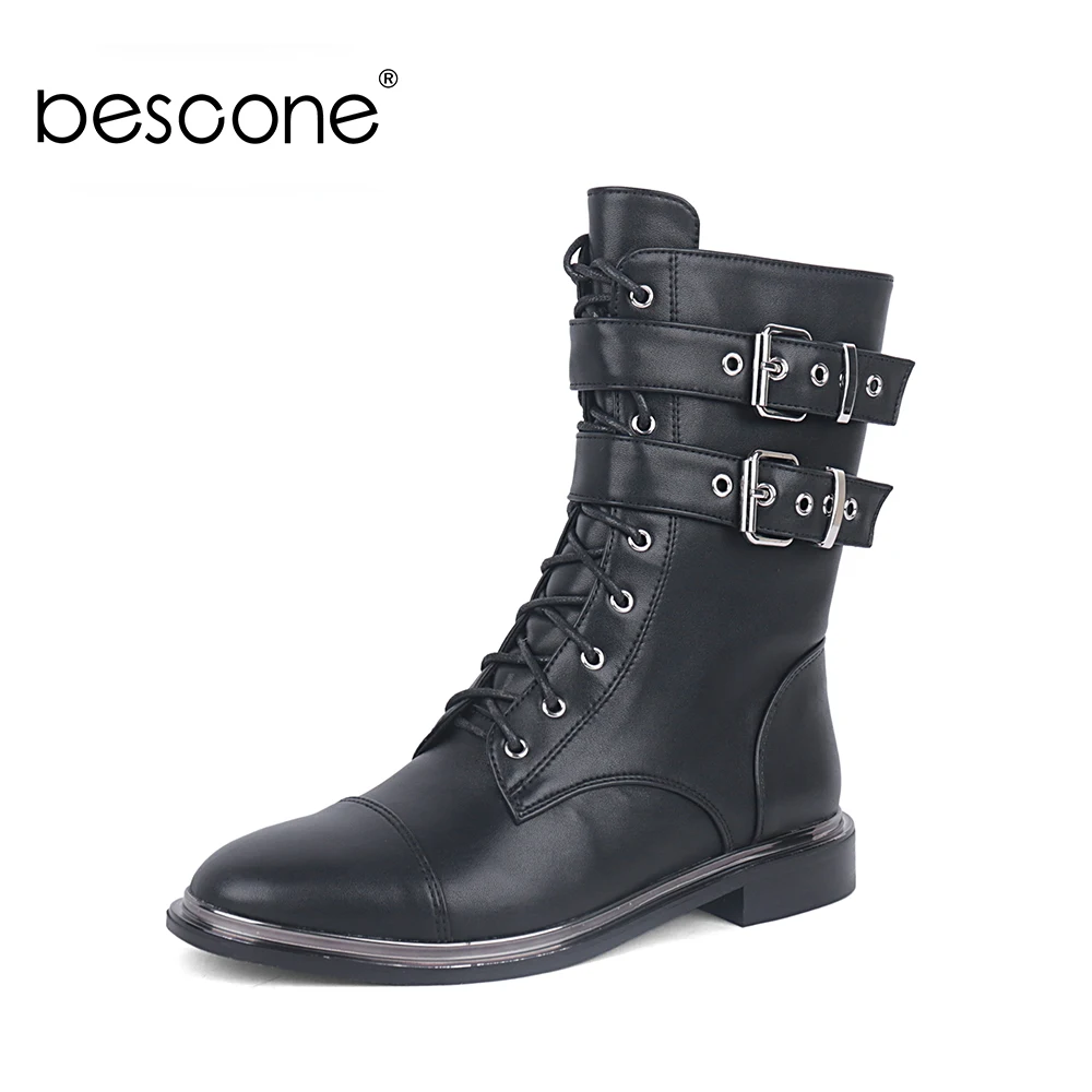 

Bescone/женские ботинки; Модель 2020 года; Зимние ботильоны на плоской подошве с ремешком и пряжкой; Ботинки на молнии для мотоцикла; BC778