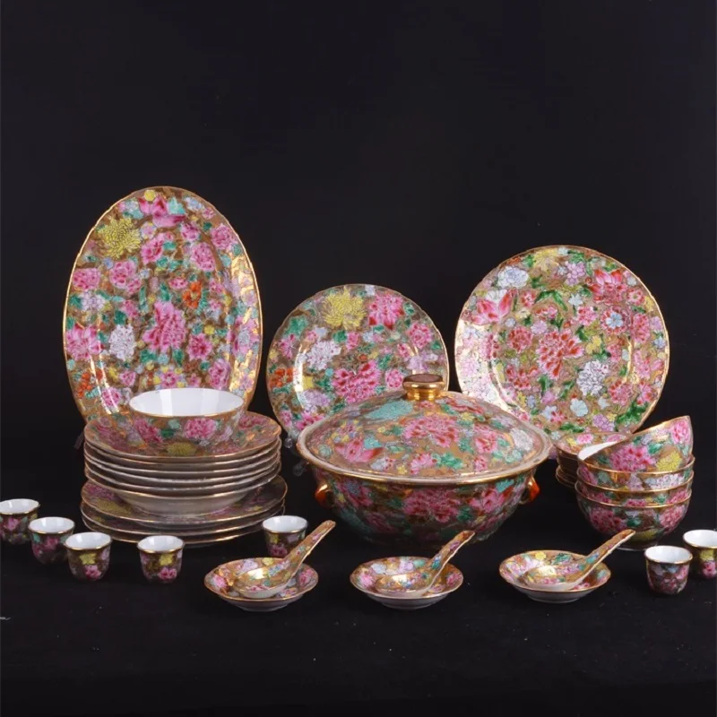 

24K Real Gold Old-fashioned/Jingdezhen Cultural Revolution Handpainted Pink Flowers 54 Teaware Tableware Set