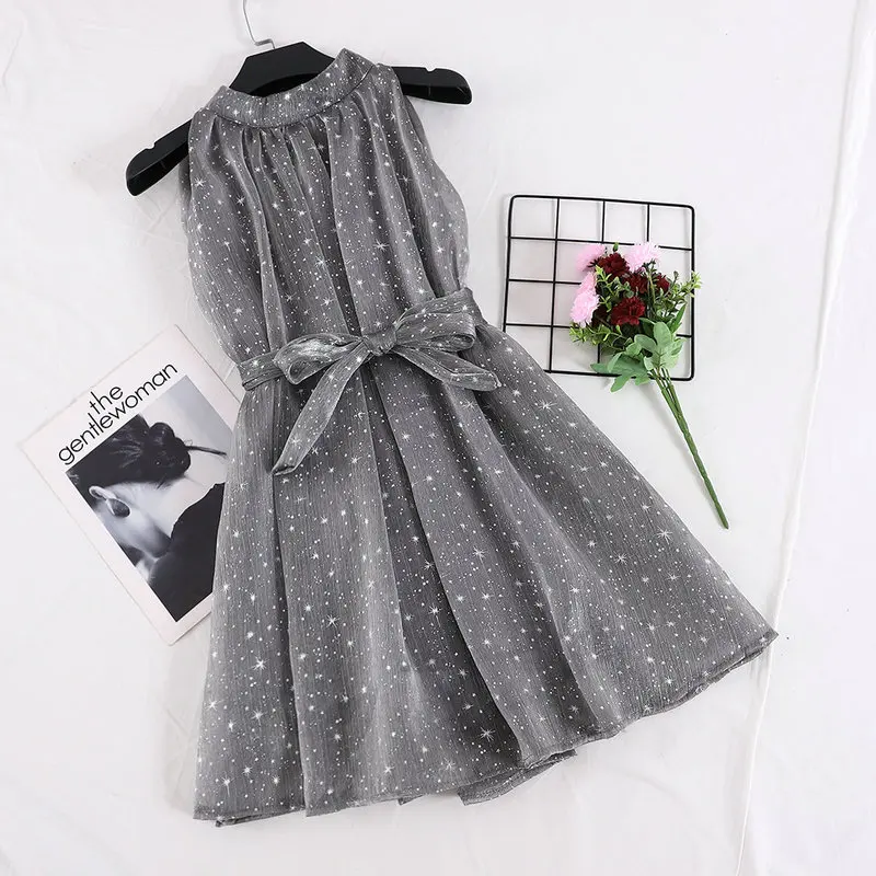 Grey Dress Элегантное женское летнее платье из органзы со звездным принтом, пышное женское платье с бретельками на шее, без рукавов, на шнуровке, Бандажное шифоновое бальное платье, цельное платье - Цвет: Grey Dress