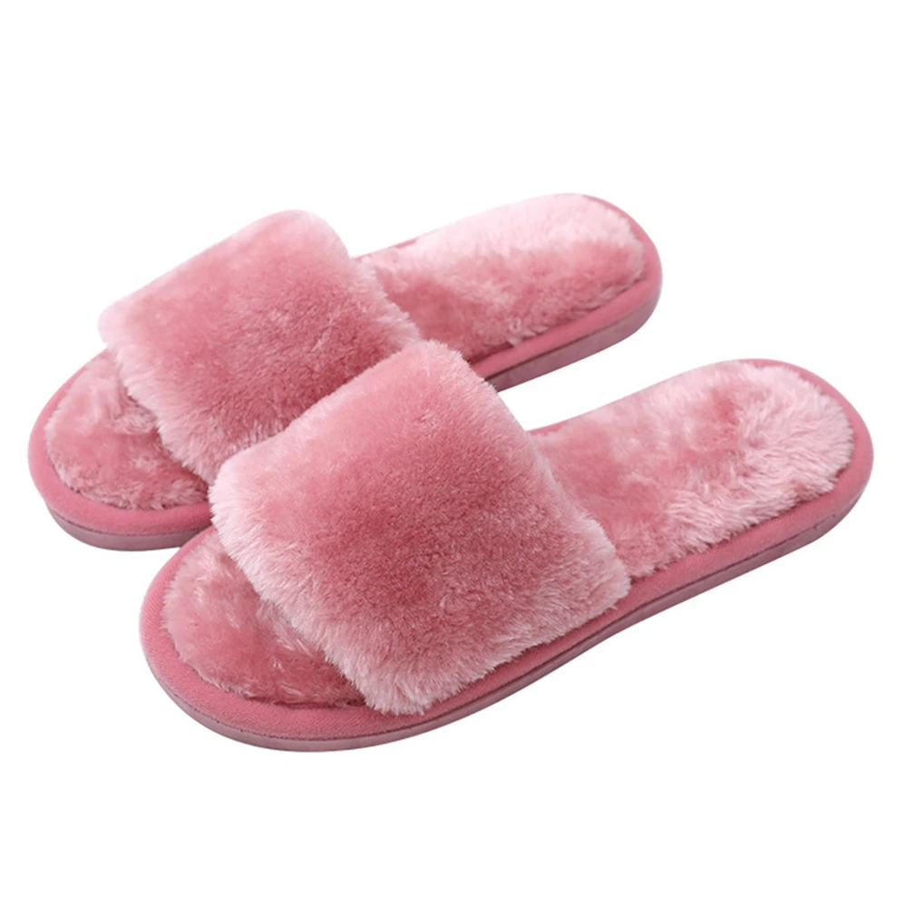 

Winter Women Plush Slippers Non Slip New Brand Shoes Faux Fur Warm Open Toe Flat Footwear Fashion Indoor Slipper