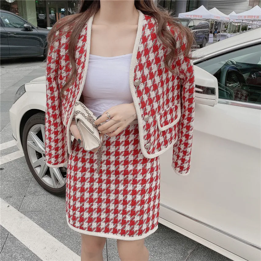 

Houndstooth Tweed Ladies Two Piece Skirt Sets Women 2020 Autumn Winter Coat + High Waist A-line Skirt Suits Vintage Fashion Sets