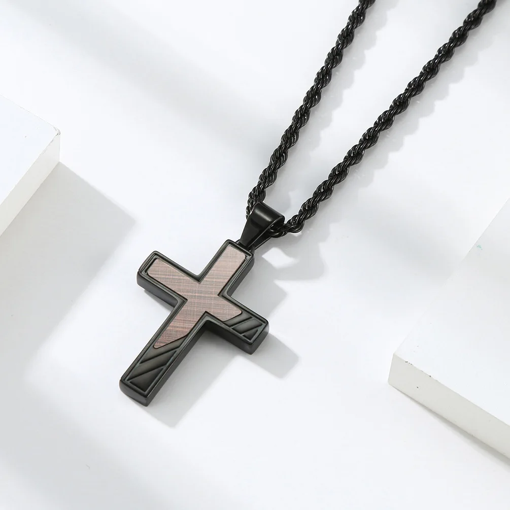 

Original Explosion Plated Bronze Staggered Brushed Stainless Steel Cross Pendant Titanium Men's Necklace