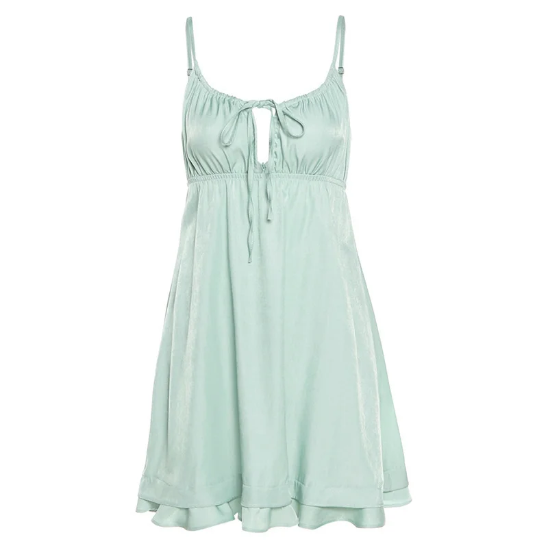 

Vintage Drawstring Spaghetti Strap Dress Women Casual High Waist Green Loose Mini Dresses Summer Streetwear A-line Femme Dress