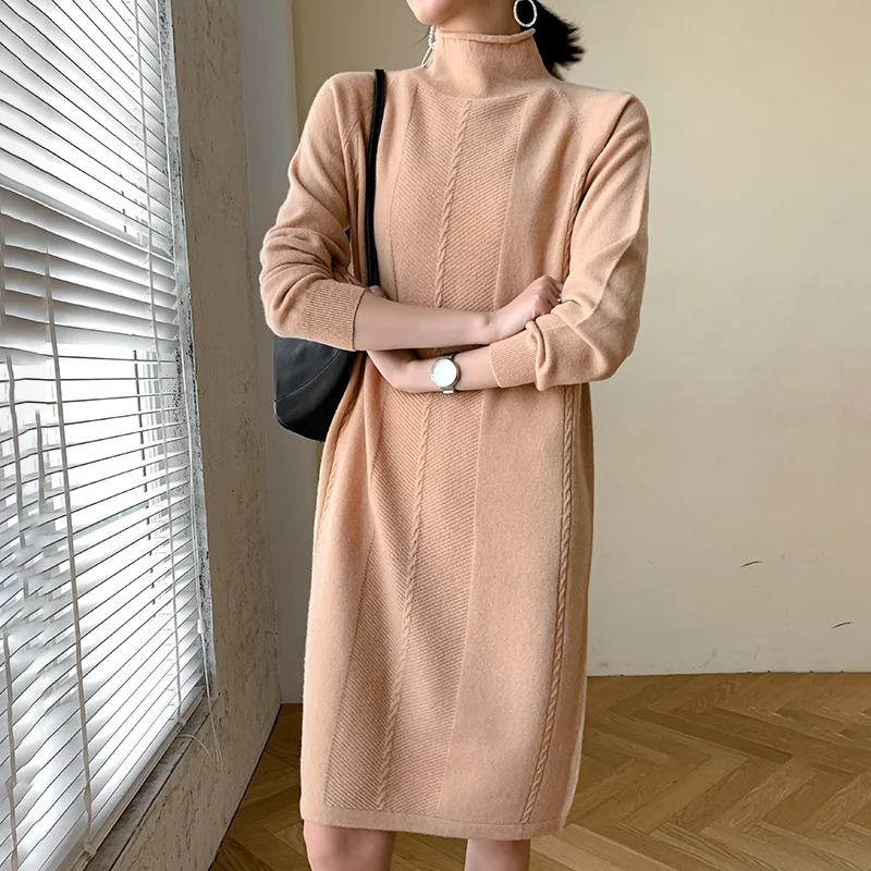 

Women Dresses 100% Pure Wool Knitted O-neck Longer Dress Female Winter Autumn High Quality Stardard Woolen Dress