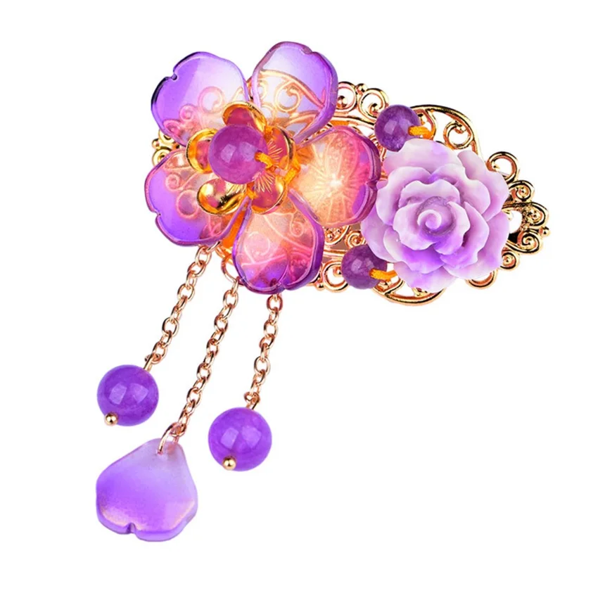 Flower With Purple And Green Colored Glaze Classic Style Hair Jewelry