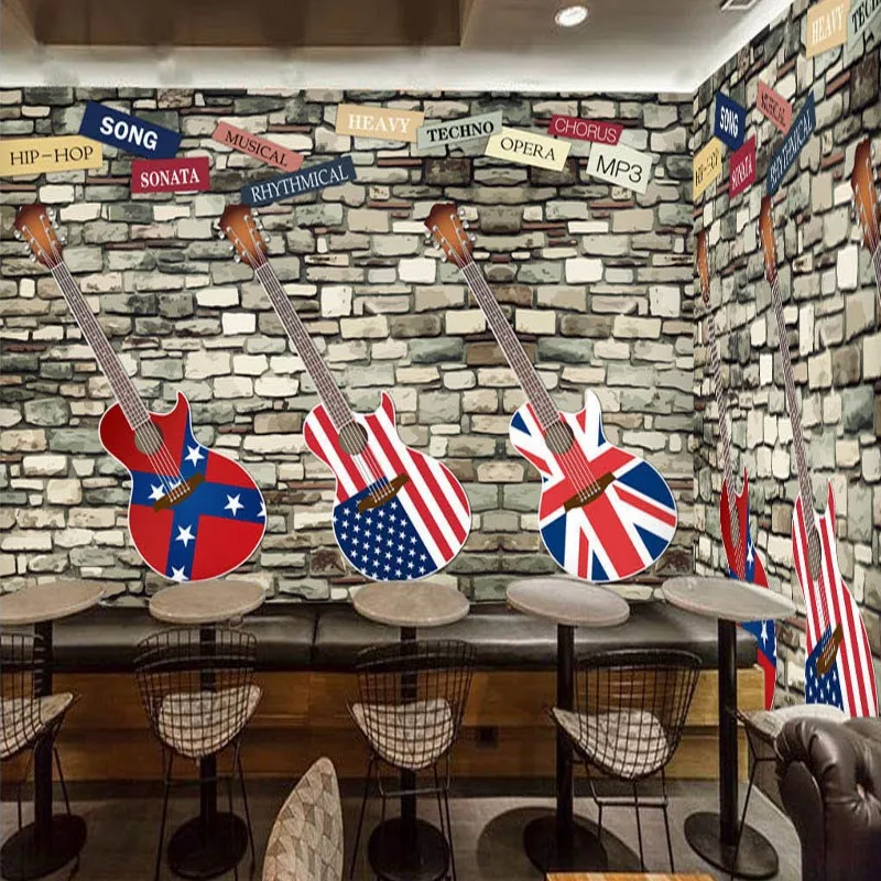 

Dropship Custom Mural Retro Guitar Fresco Brick Wall Wallpaper Bar Coffee Shop Background Wall Studio Mural 3d Wallpaper