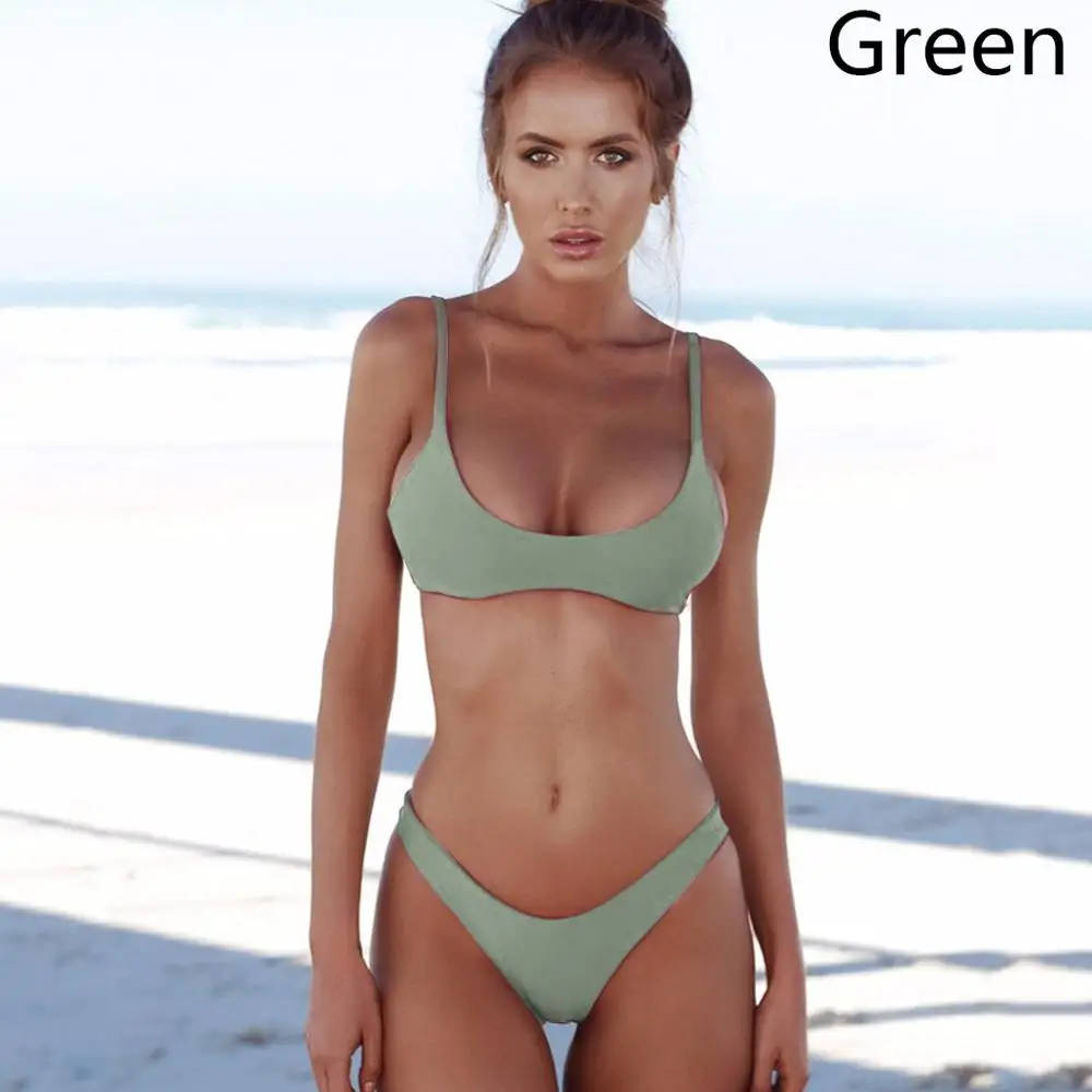 green 2 Бикини, Одноцветный купальник, пуш-ап, бикини,, бюстгальтер на лямках, высокая талия, купальник для женщин, бикини с принтом XXL - Цвет: green 2