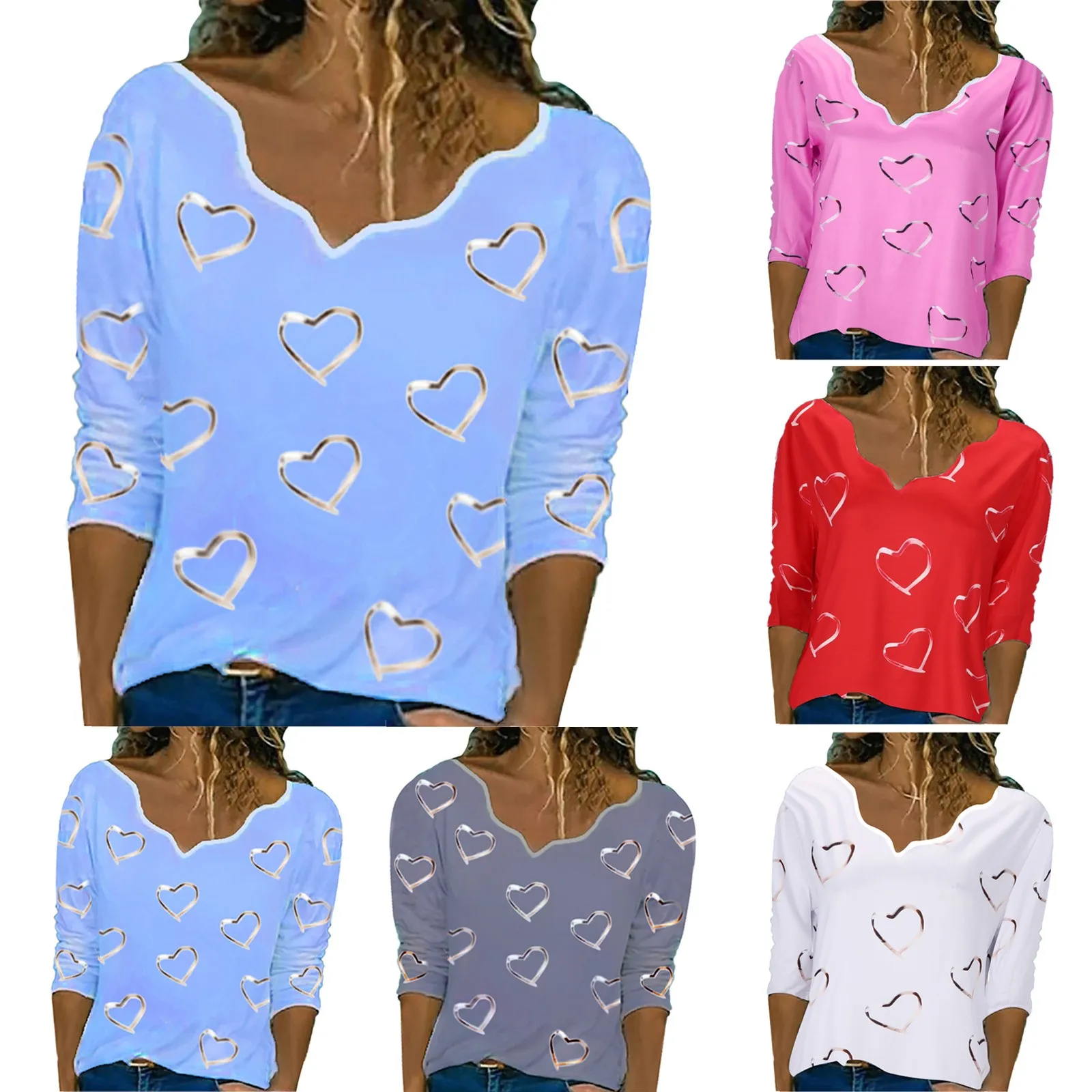 

2021 Women's Fashion Trend V-Neck Long Sleeve Tops Casual Print Pullover Summer Loose Large Size All-Match Ladies T-Shirt 84#Q