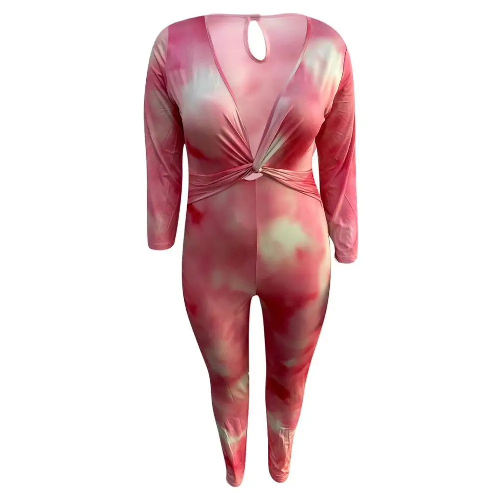 African 4xl Plus Size Bodycon Jumpsuits and Rompers for Women Long Sleeve V Neck Sheath Pink Activewear Sexy Jumpsuits Hot 2020