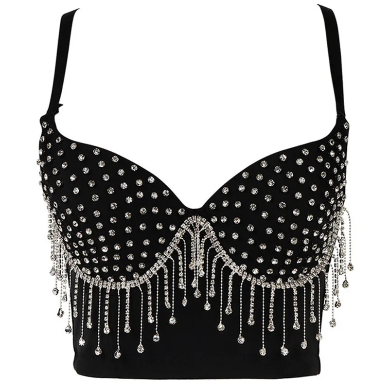 

2020 New Women Camisole Top Fringed Beaded Rhinestone Crystal Crop Top Bustier Bra Night Club Party Tank Tops With Steel Ring