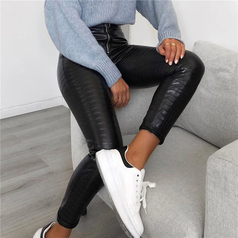 

New 2020 High Waist Casual Crocodile Pattern Leather Pants Women Spring And Summer Slim PU Leather Fashion Zipper Pencil Pants