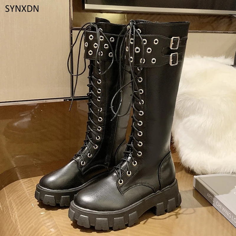 

SYNXDN Women's Motorcycle Boots Platform Belt Buckle Rivet Long Botas Knee Thigh Autumn Riding Female Shoes