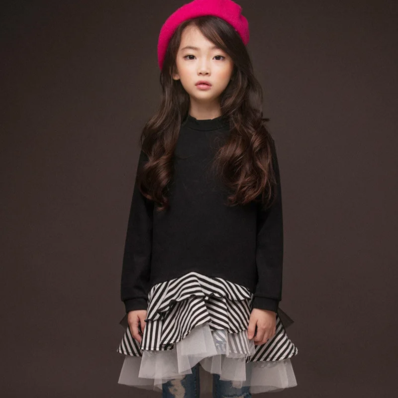Vestido de algodón negro de manga larga para niñas de 8 a 10 años, ropa informal a la moda para Otoño e Invierno