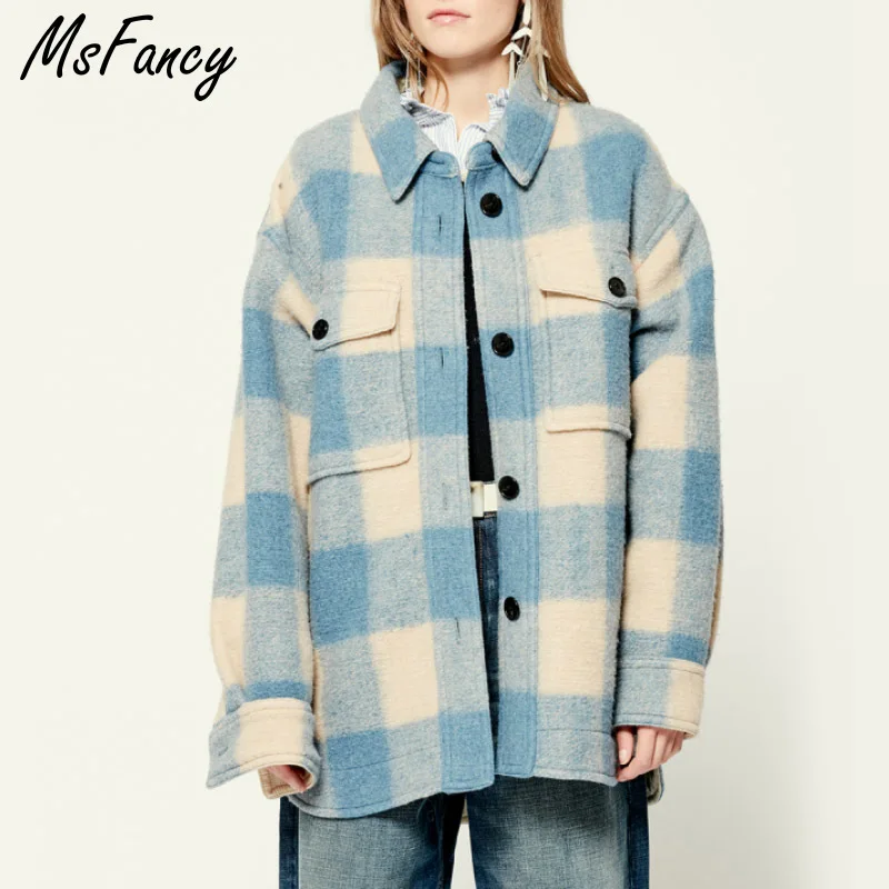 Женское шерстяное пальто Msfancy в клетку осень 2021 модная однобортная куртка стиле