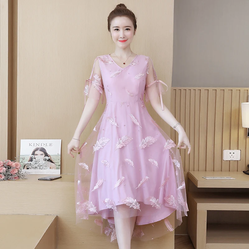 

5xl Plus Size Summer Dress 2020 pearl mesh irregular Midi Long Dress Evening Party Night Dress Elegant Women Dresses Big Size