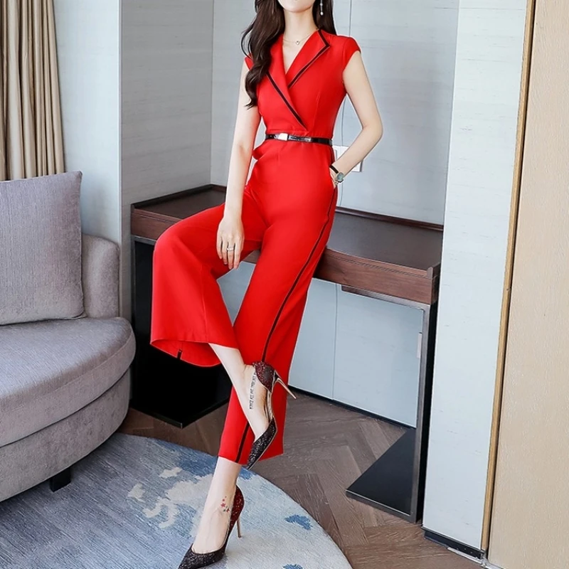 Summer 2020 Stylish Jumpsuit Women Wide Leg Trousers Elegant Slim Overalls Party Sleeveless Playsuit Red Black White Jumpsuits