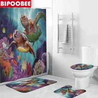 3D Ocean Underwater World Bathroom Shower Curtain Set Bath Mats Rugs Turtle Coral Anti-slip Carpet Toilet Cover Bathtub Curtains