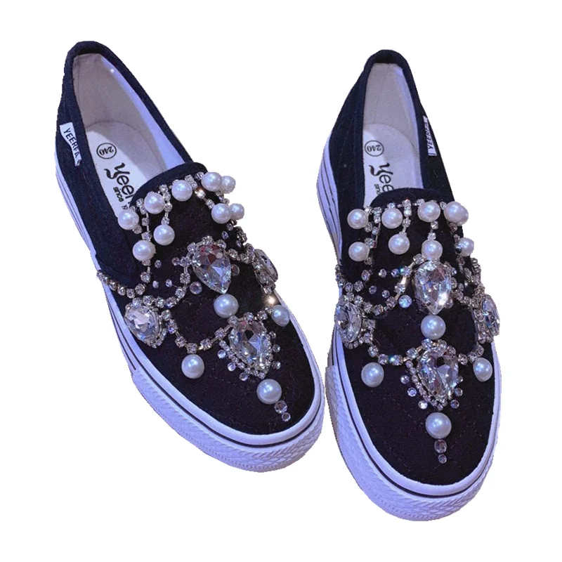 

Magic show shallow mouth fringed pearl drop diamond shine lazy sponge cake pedal casual canvas shoes