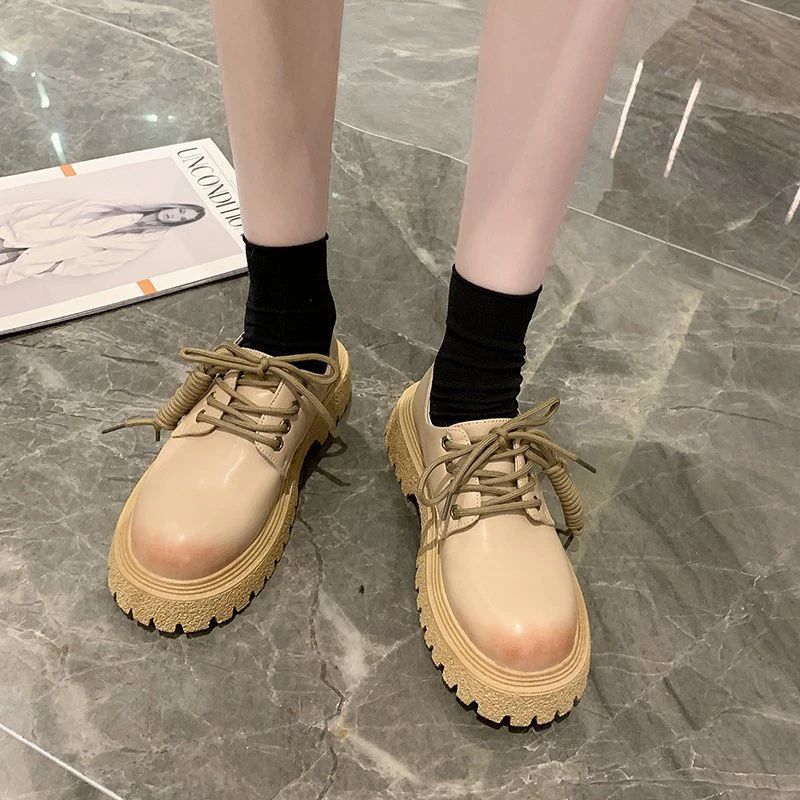 

2021 Women PU Leather Flats Casual Loafers Fashion Spring Summer Black Khaki Lace Up Platform Oxford Shoes For Women Flats