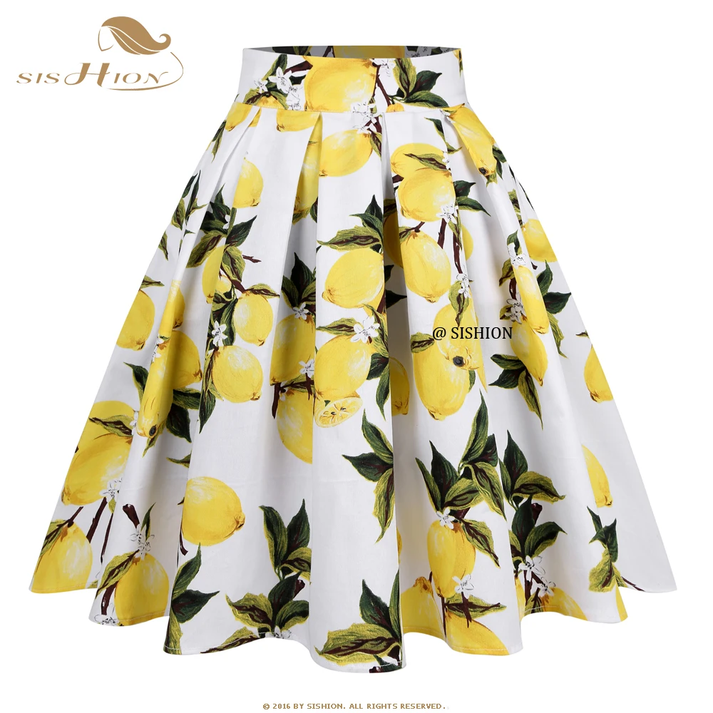 

SISHION XS-XXL Retro Vintage White Lemon Floral Skirt with Pockets SS0012 Y2K Faldas Skater Party Women Summer Pleated Skirt