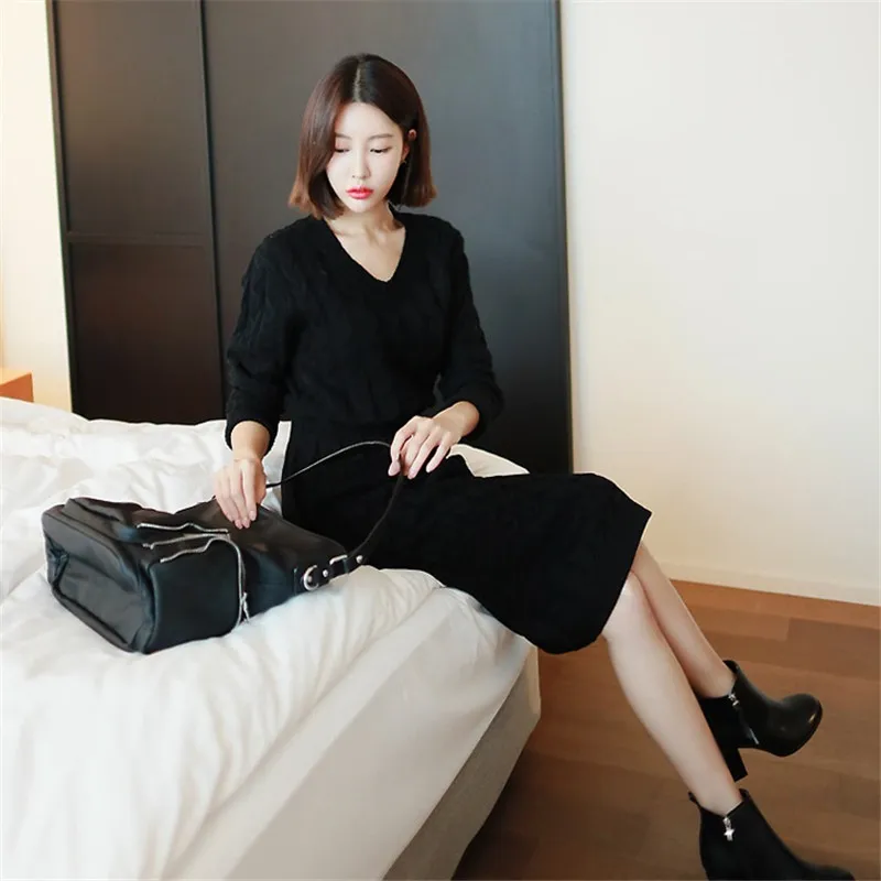 

CBAFU Twisted Knitted Sweater Skirts Suit Korean Bodycorn Two Piece Set Knitwear Solid Tracksuit Office Lady Matching Set F761