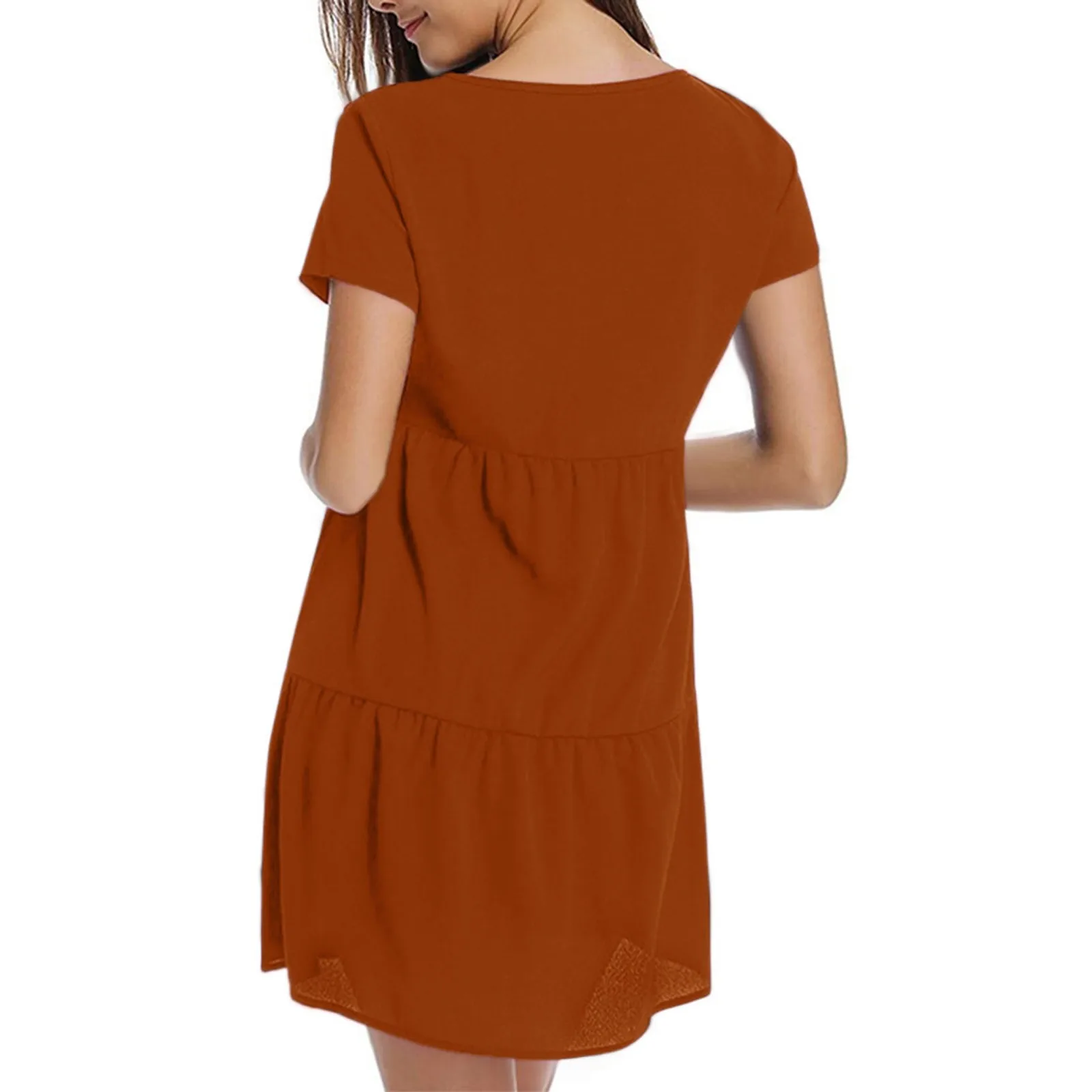 

Women Solid V-neck Mini Dress Short Sleeve Ruffle Loose Swing Dress Female Casual Straight Dresses Sundress