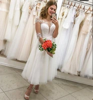 short wedding dress 2021 34 sleeve princess a line length knee lace appliques bridal gown robe de mariee for women cheap