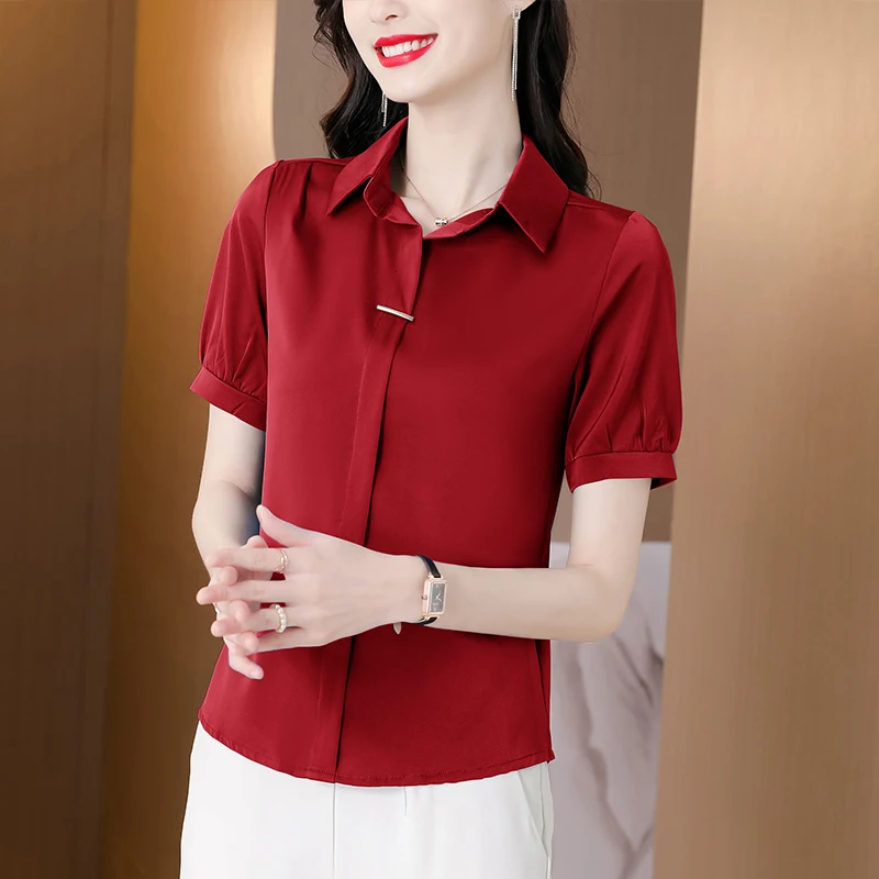 

Korean Womens Shirt Silk Blouses for Women Short Sleeve Shirts Female Top Polo Neck Blouse 2021 Woman Basic Shirt OL Woman Tops