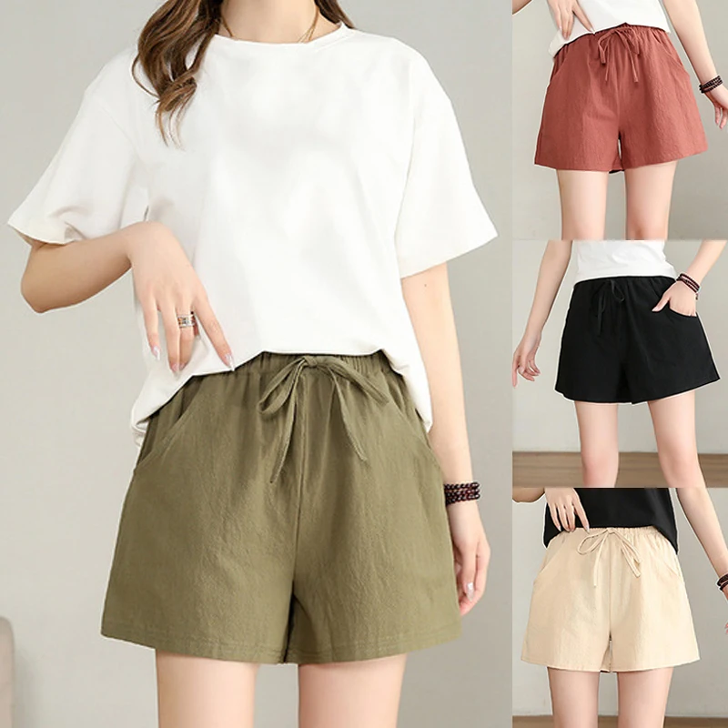 

Новые женские хлопковые льняные шорты Уличная Повседневная юбка с высокой талией и свободных укороченных штанов широкие шорты, лидер прода...