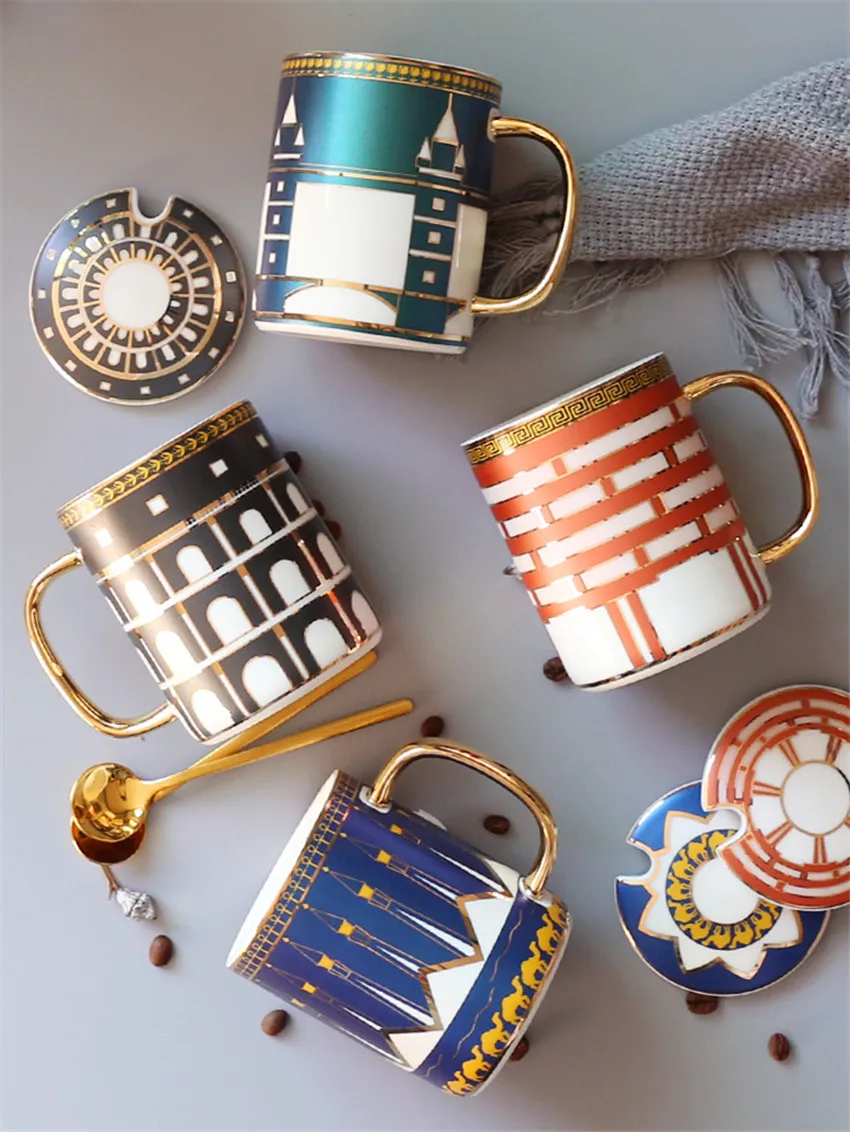 

Europe Ceramic coffee cup with lid spoon Luxury Mug Couple drinking Water Cups tazas de cafe tea Afternoon Tea party Drinkware