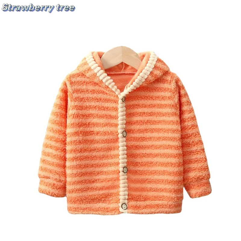 

Детская теплая куртка в полоску, с капюшоном и бархатной подкладкой