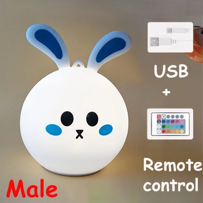 Male Remoter USB Батарея 7 цветов кролик светодиодный светильник в виде животного для Детей Силиконовый мягкий мультяшный Детский Светильник для сна - Color: Male Remoter