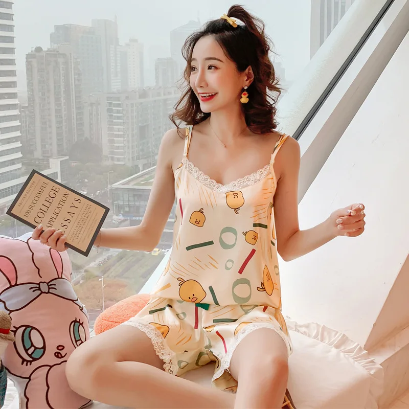 

Sexy Satin Sleepwear Suspender Shorts Vest Pajamas Women Summer Thin Home Service Casual Lingerie Suit Pijamas Mujer Nightwear