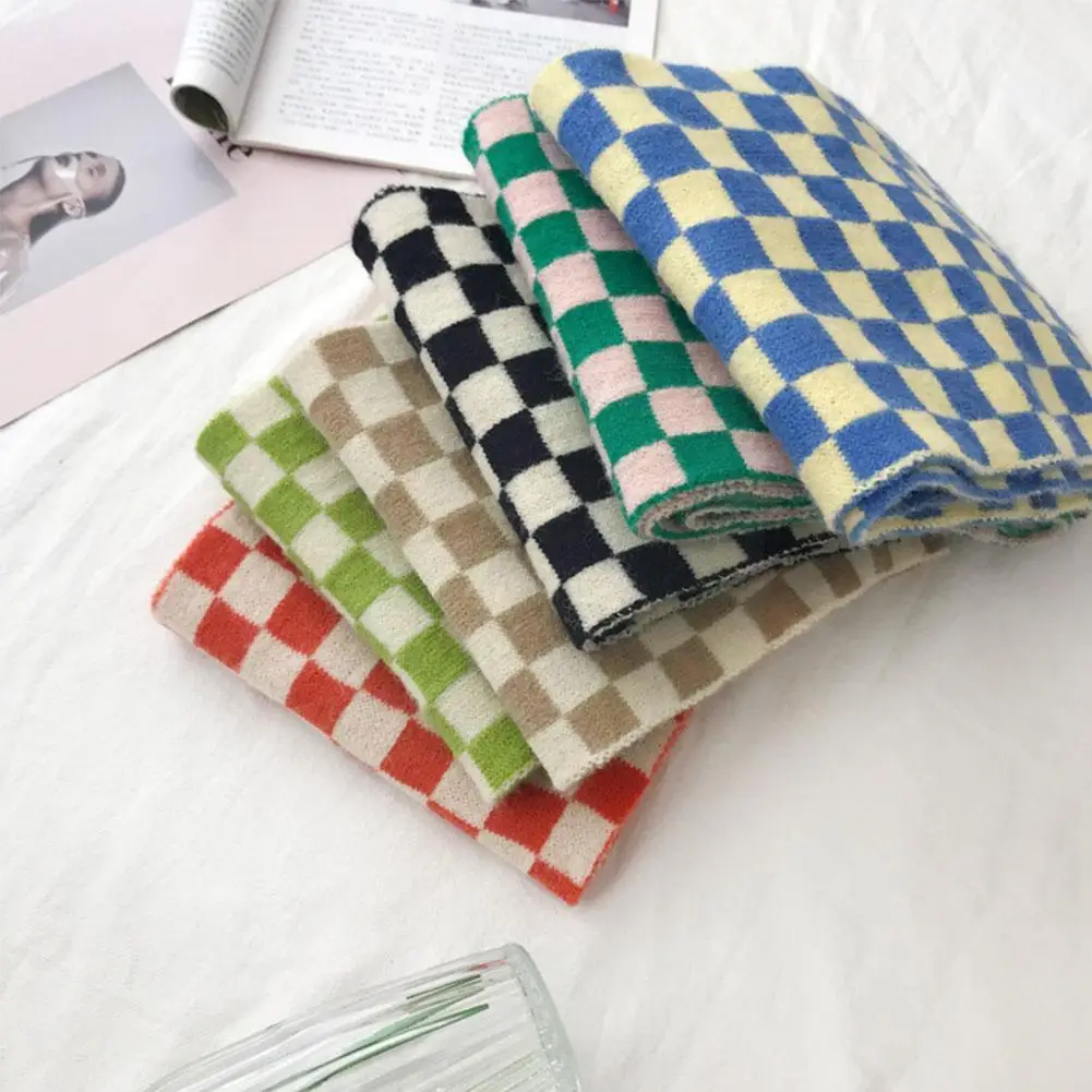 

2021 New Checkerboard Plaid Scarf Female Autumn Winter Scarf Shawls Small Knit Imitation Cashmere Warm Trendy Retro Women S Y8k3